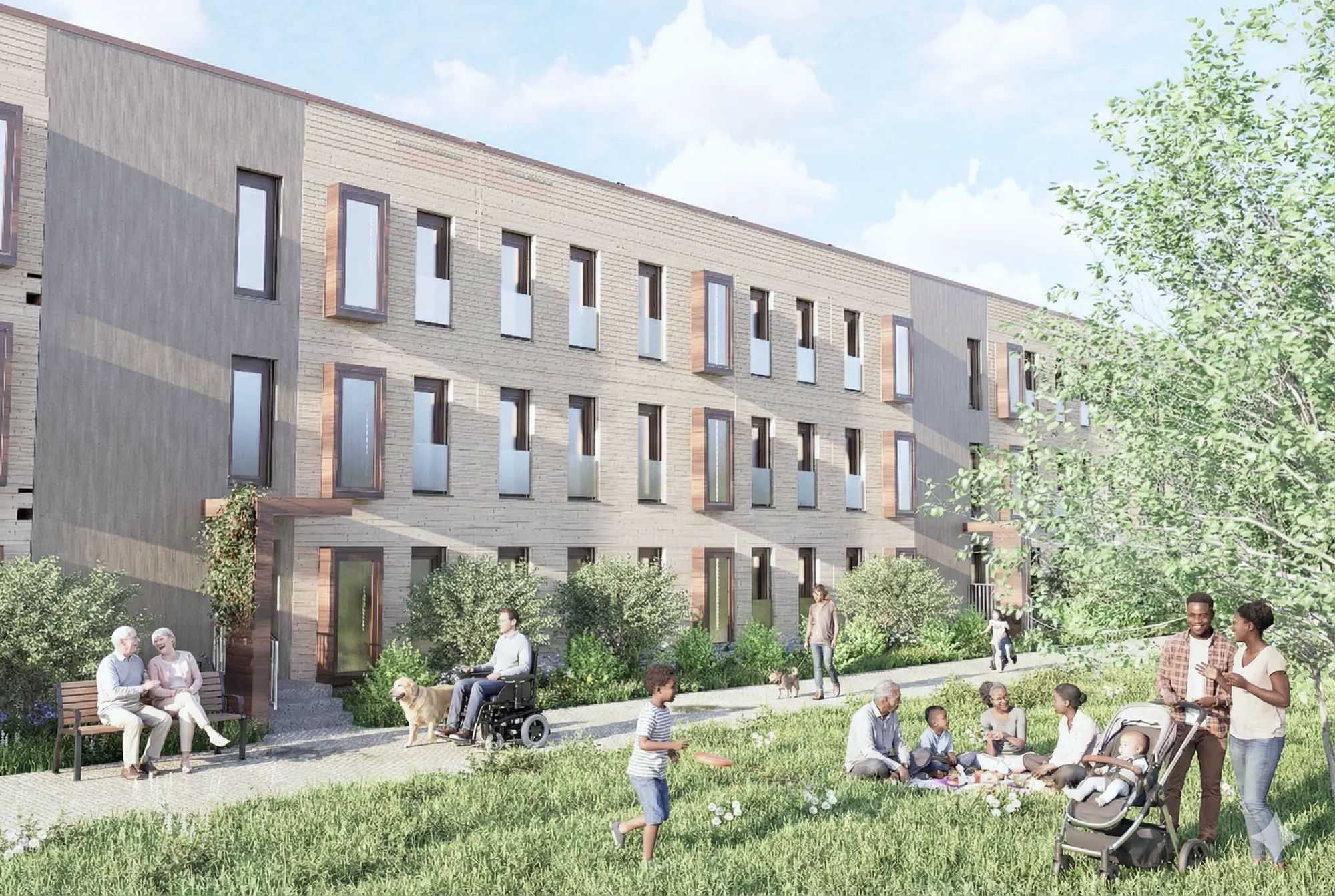 Rendering: Sämling, Ansicht West mit Gehweg und Nachbarschaft