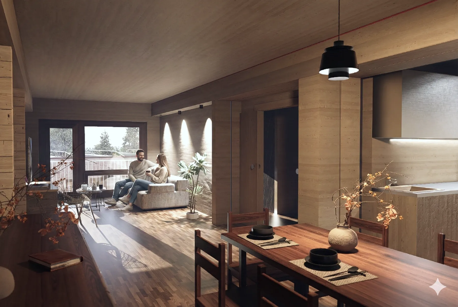 Rendering: Wohnraum im Sämling mit Holzoberflächen und Essplatz